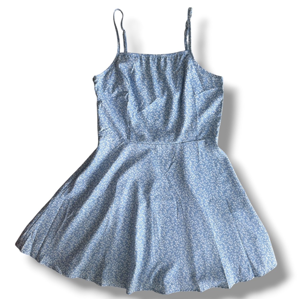 Women M Light Blue White Ditsy Floral SquareNeck Fit & Flare Mini Dress Coquette
